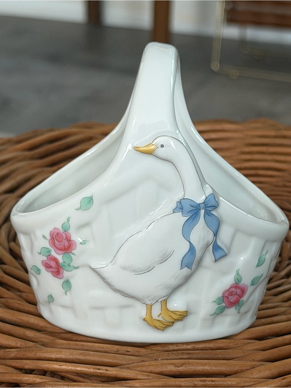 Vintage Miniature White Ceramic Goose Basket Dish with Blue Bow and Pink Roses